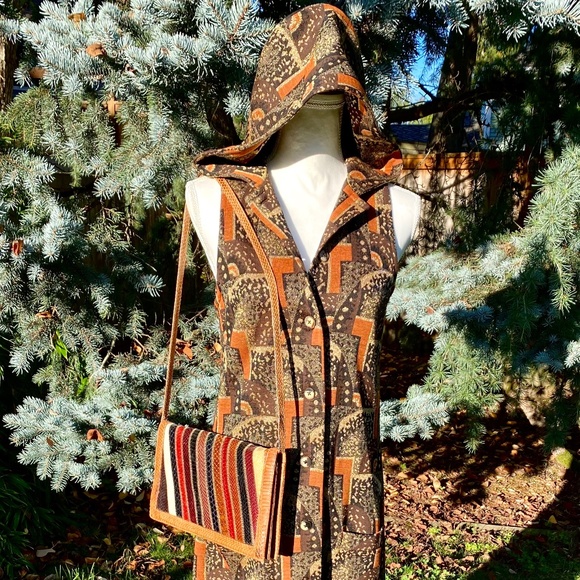 DESIGNER Hans METZEN Vintage Hooded Long Vest Lurex Dress Fall Colors Overdress - Picture 3 of 8